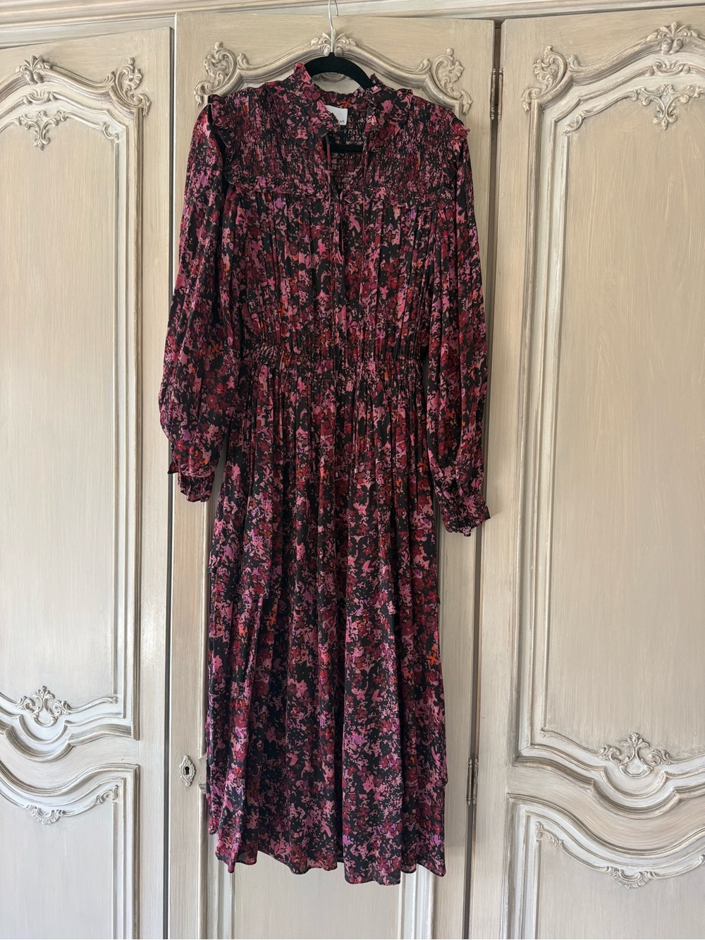 Floral Smocked Midi Dress in Black & Pink